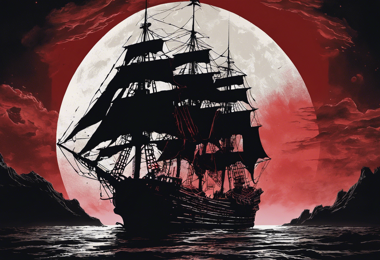 صورة مولدة بالذكاء الاصطناعي: FLUX prompt: ghost pirate ship sailing off into distance, blood... (نموذج FLUX - تصوير فوتوغرافي)