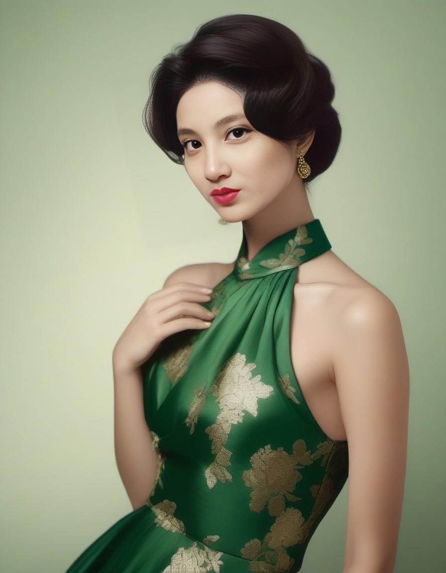 Midjourney prompt: a woman in a green dress posing for a picture, a c... - Midjourney