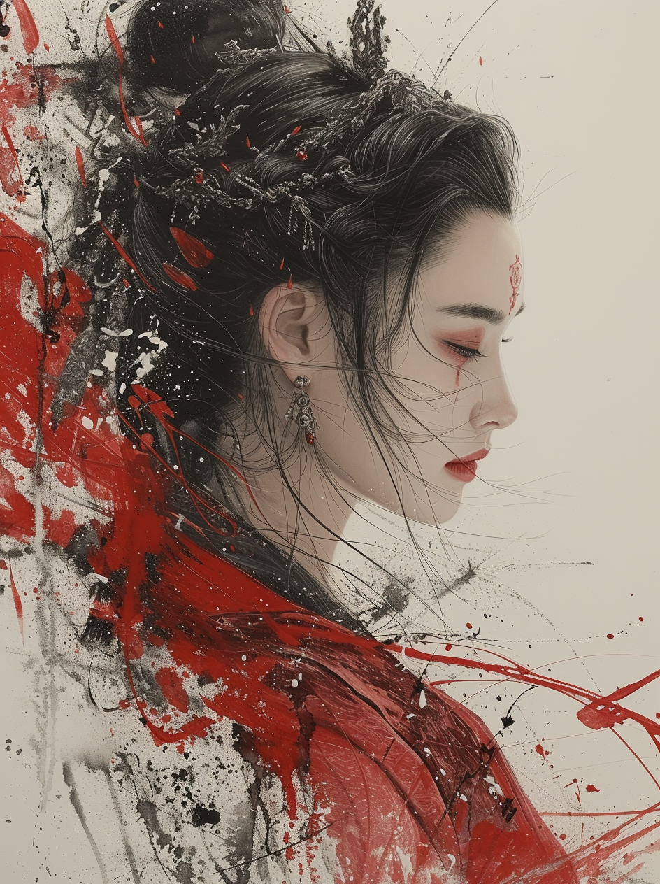 Midjourney prompt: a painting of a woman in red with black hair, in t... - Midjourney