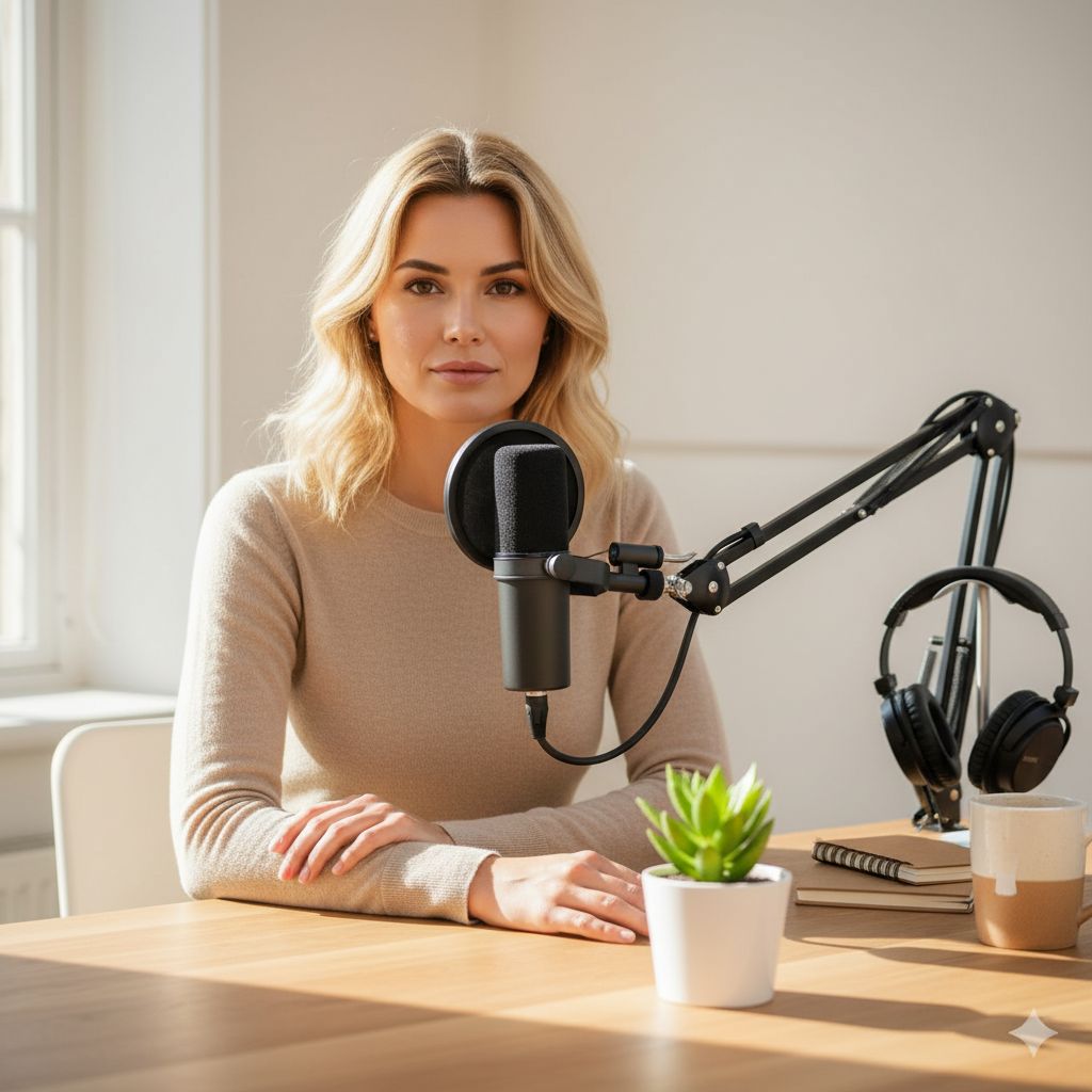 AI generated: Nano Banana prompt: Ultra-realistic podcast setup with a stylish woman... (Nano Banana - Fashion)