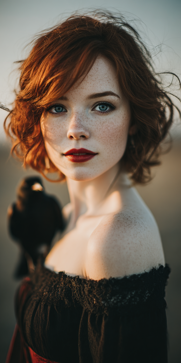 AI generated: Midjourney prompt: A photograph of a redheaded woman with short, wavy... (Midjourney - Portraits)