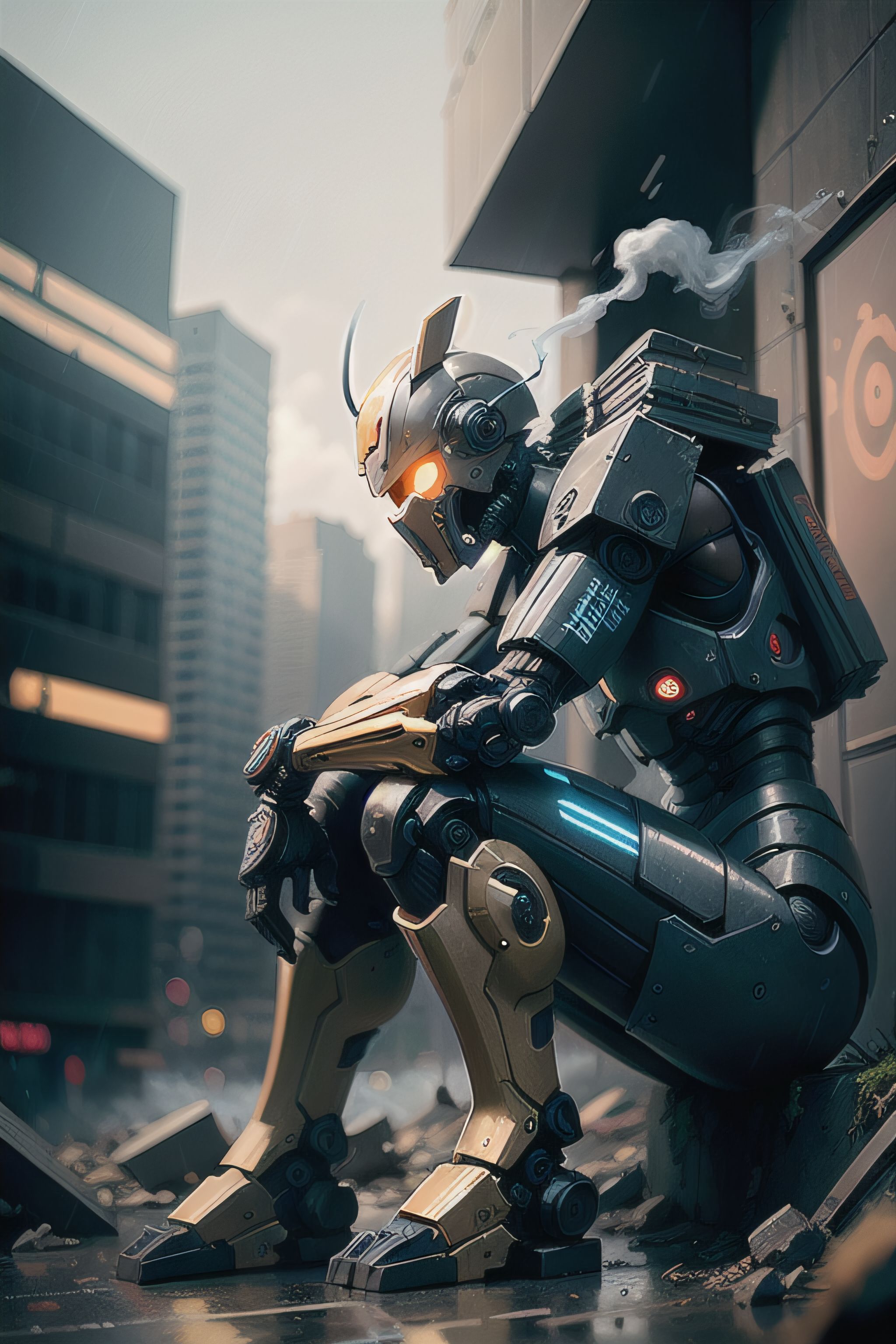 Stable Diffusion prompt: 1 giant robot crouched on a dest...