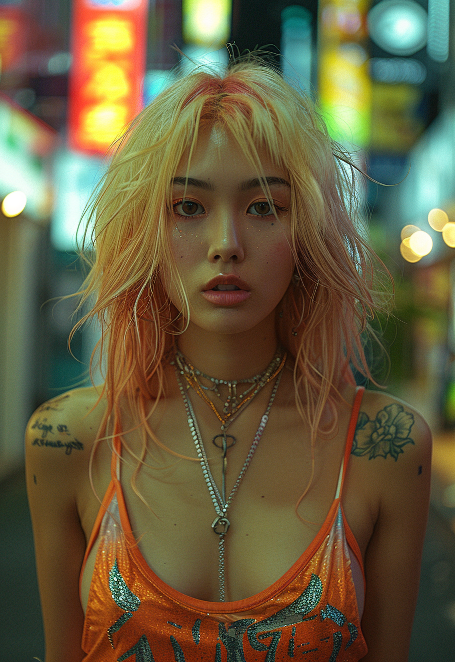 Midjourney prompt: 35 mm photo of a girl in a neon city, blonde hair,... - Midjourney