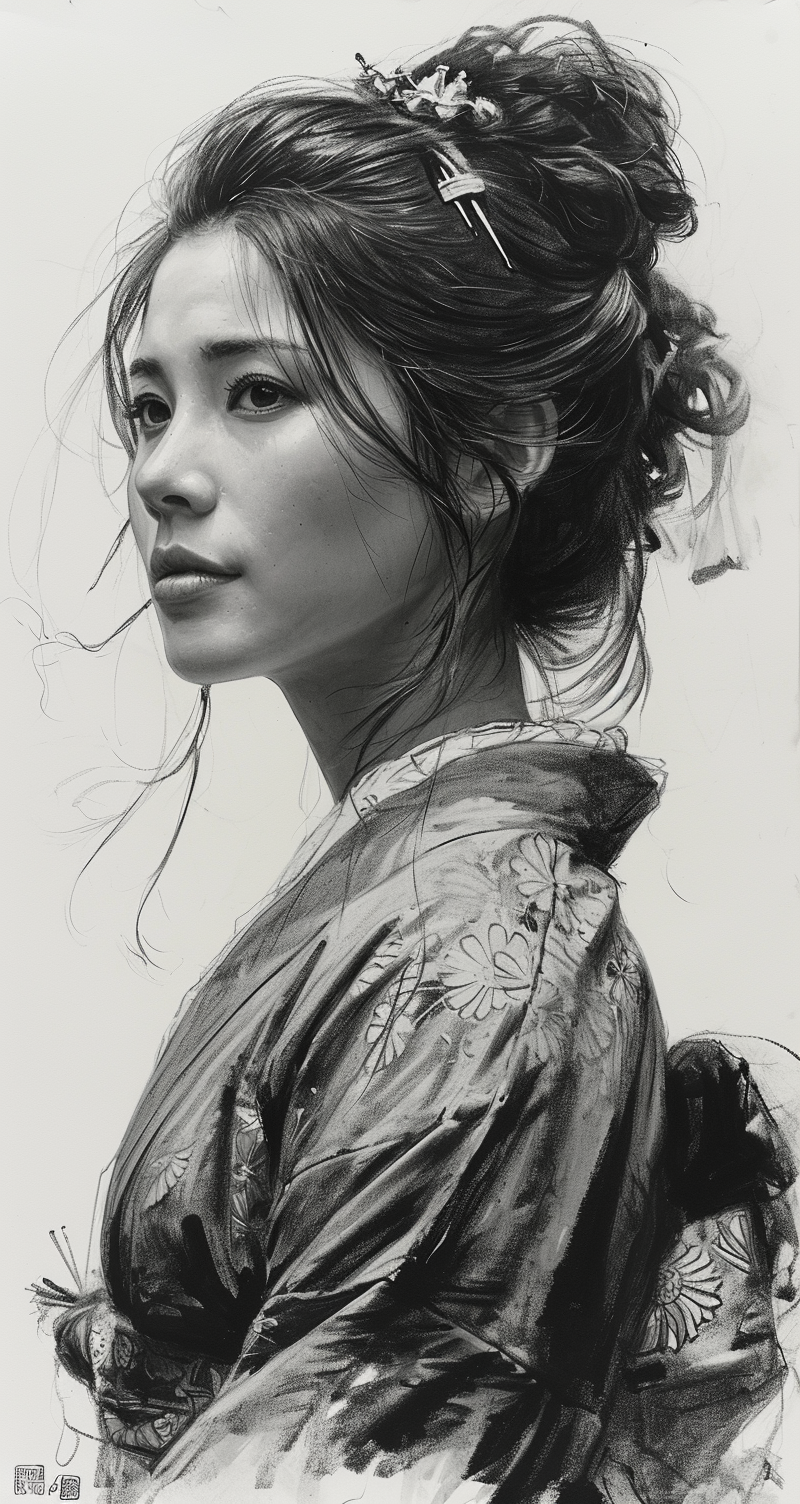 AI generated: Midjourney prompt: Japanese ink drawing of a stunning Japanese woman,... (Midjourney - Portraits)