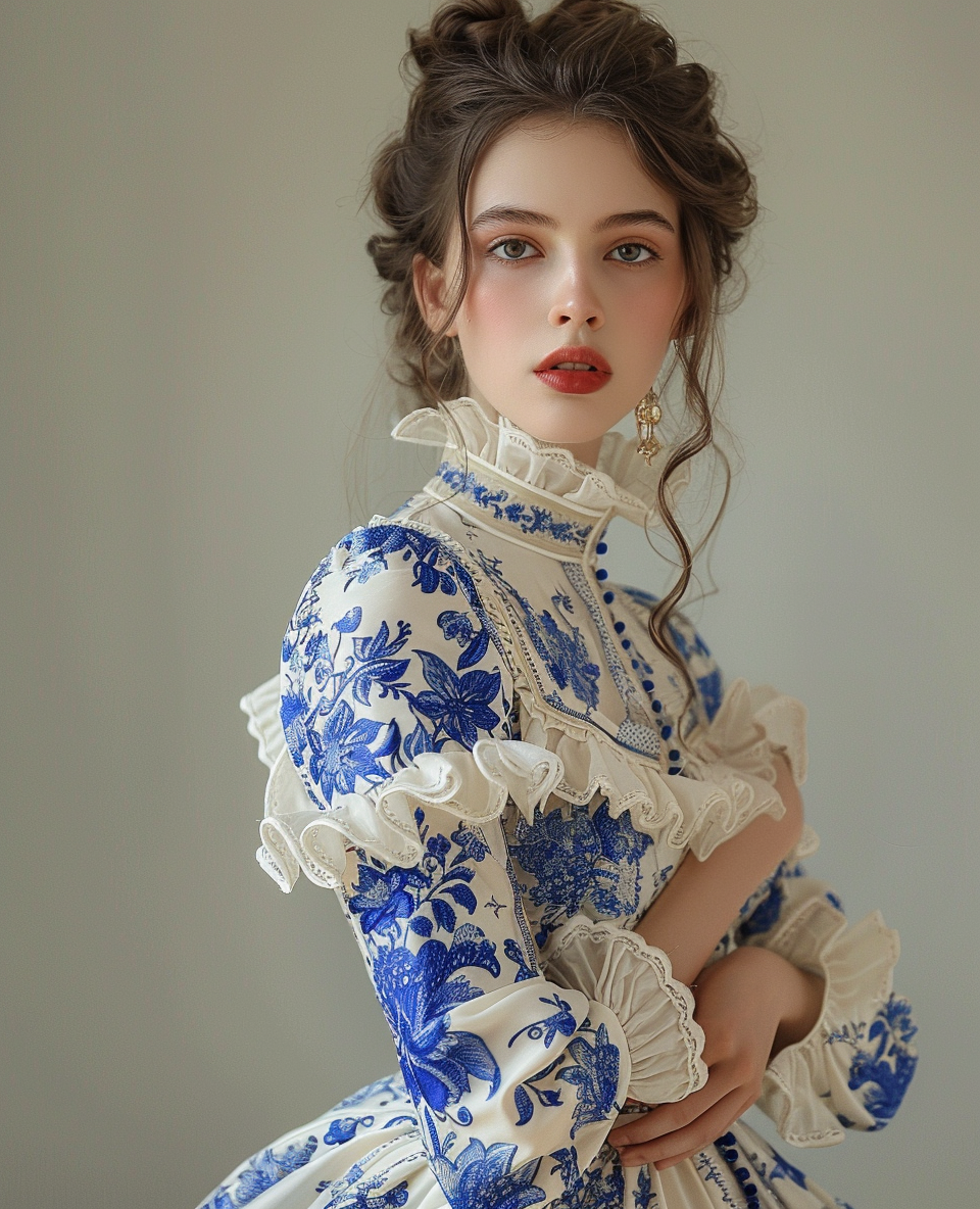 Midjourney prompt: woman dressed in a dress with blue and white print... - Midjourney