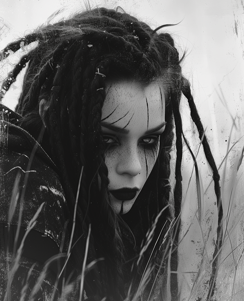 Midjourney prompt: a woman with dread locks and makeup is in the fiel... - Midjourney