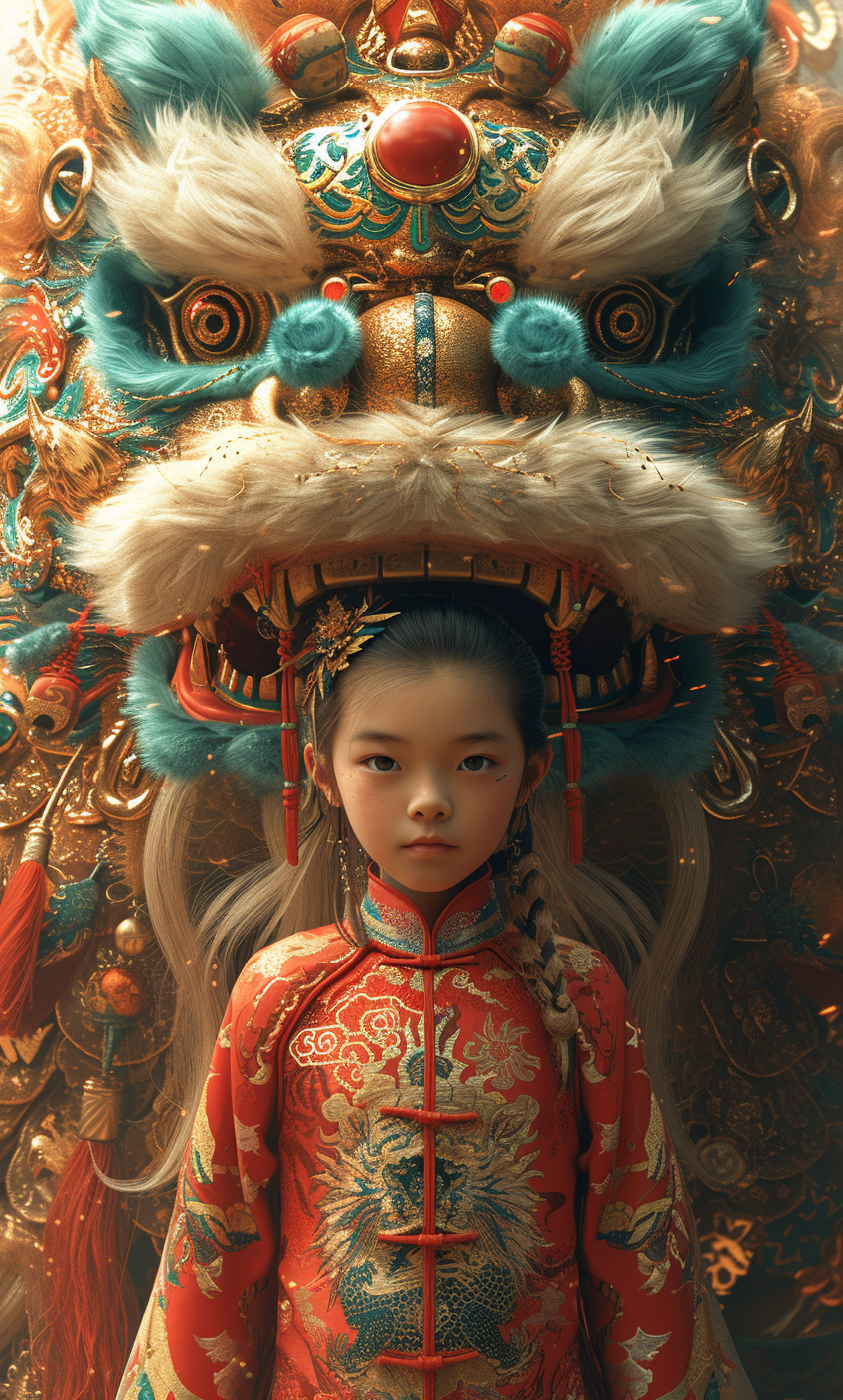 Midjourney prompt: a chinese boy is standing in front of a lunar new ... - Midjourney