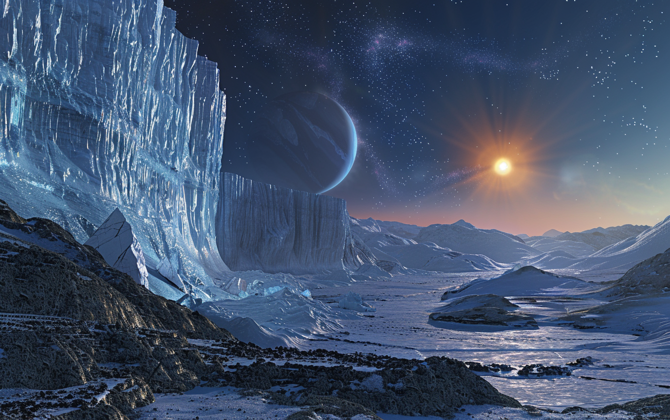 AI generated: Midjourney prompt: An icy landscape under the glow of an alien sun, w... (Midjourney - Landscapes)