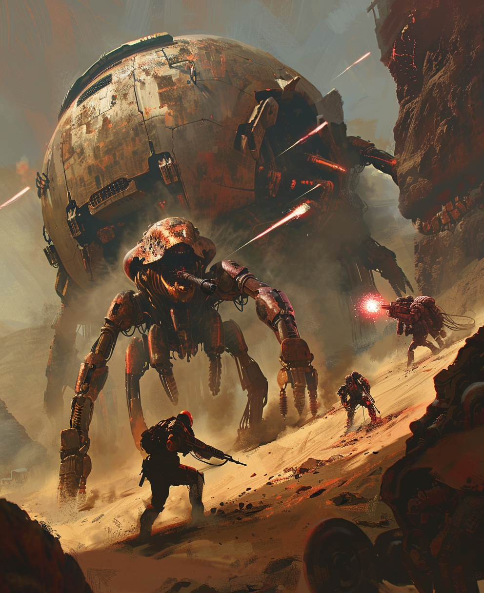 صورة مولدة بالذكاء الاصطناعي: Midjourney prompt: A group of soldiers in the desert, fighting giant ... (نموذج Midjourney - فن مفاهيمي)