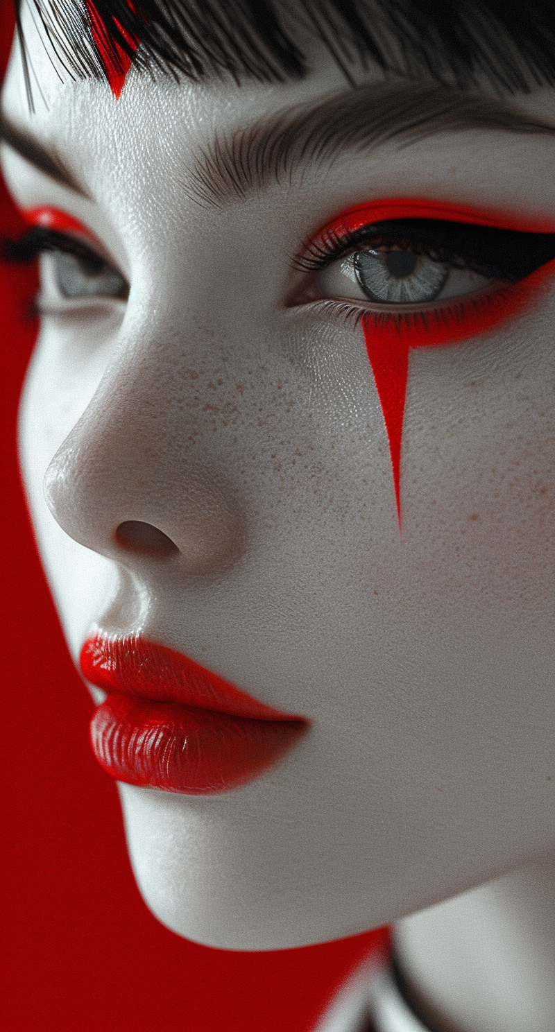 AI generated: Midjourney prompt: a woman with red eye makeup, in the style of japon... (Midjourney - Portraits)