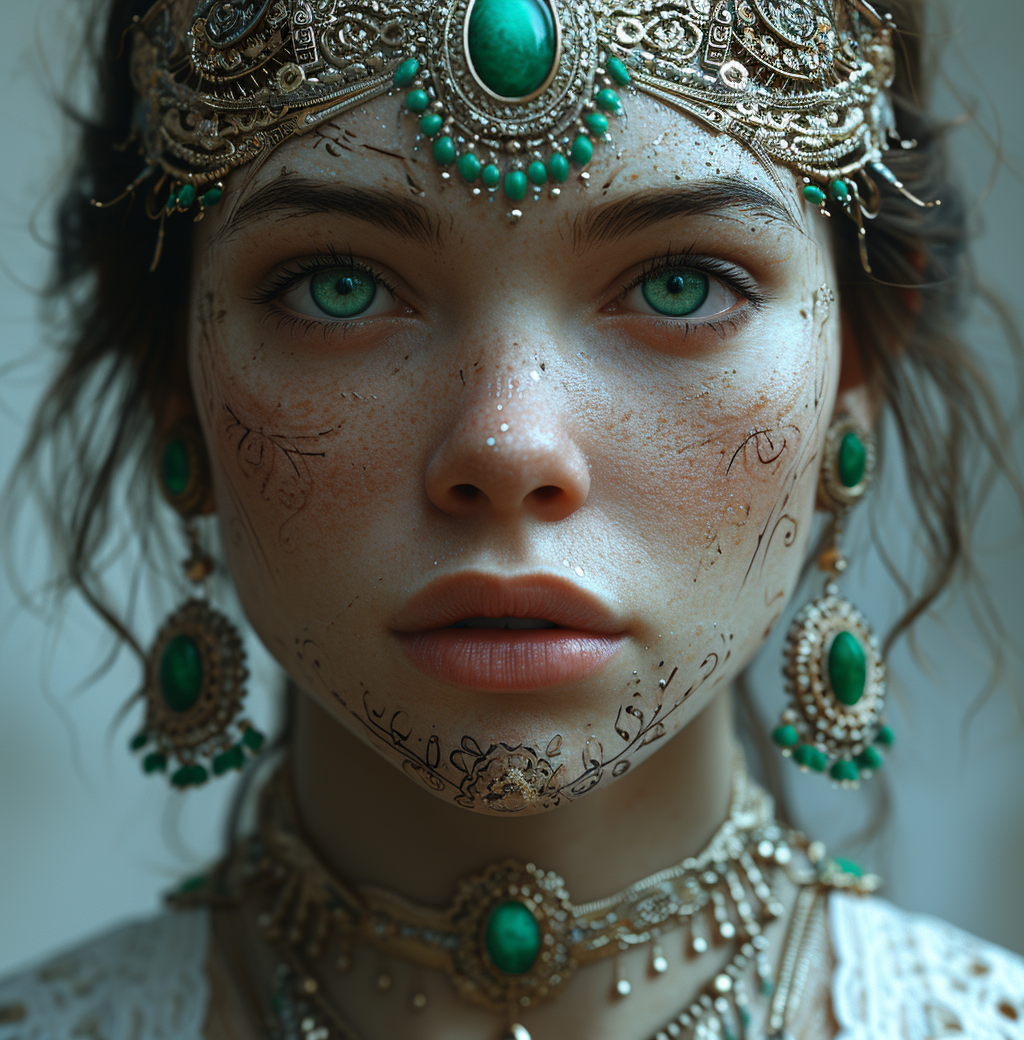 Midjourney prompt: a woman with green eyes and tattoos, in the style ... - Midjourney