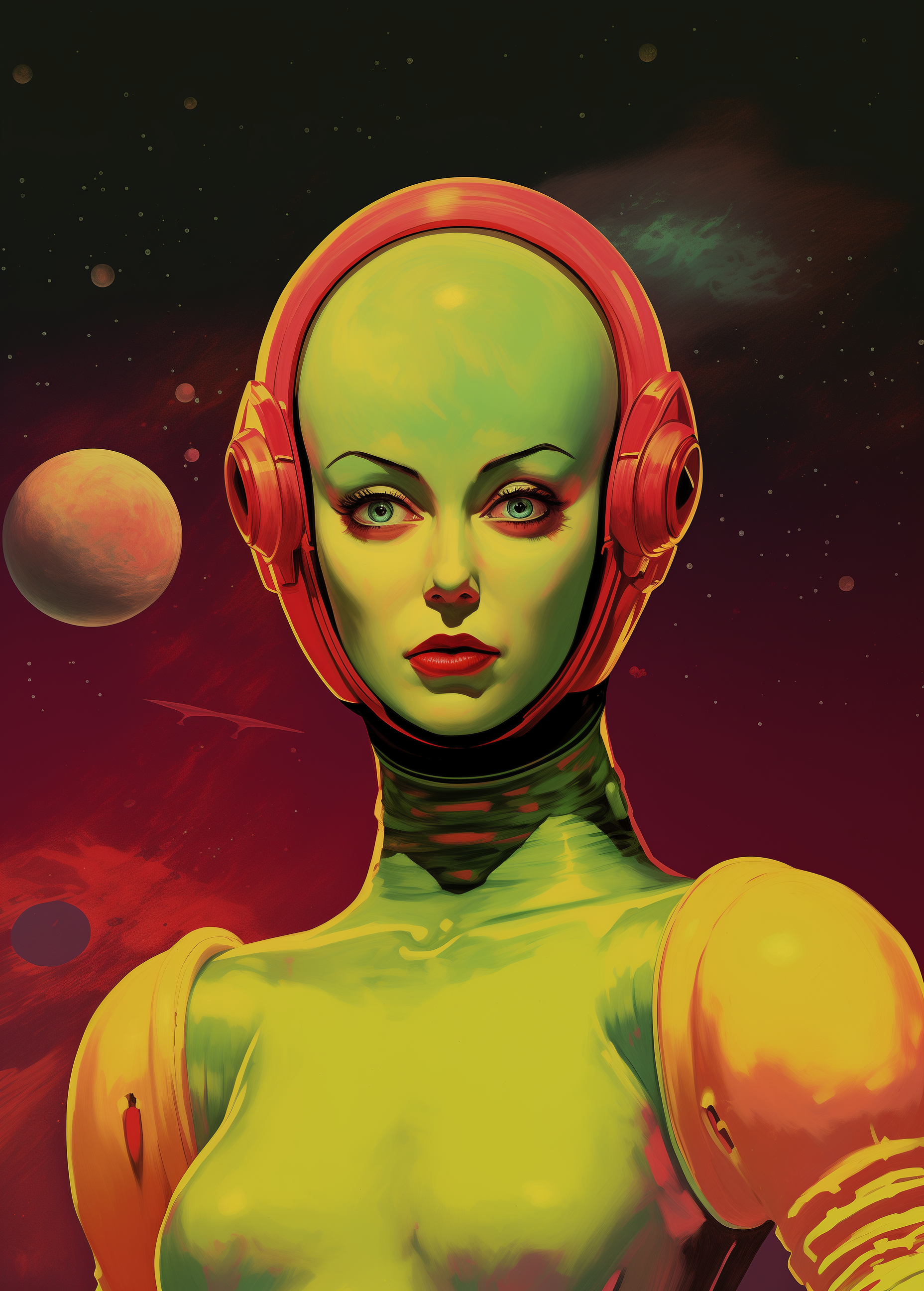 Midjourney prompt: A woman in space without her helmet on, holding an... - Midjourney