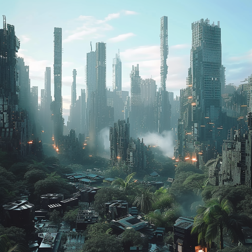 AI generated: Midjourney prompt: Post-apocalyptic jungle with bio-mechanical flora ... (Midjourney - Landscapes)