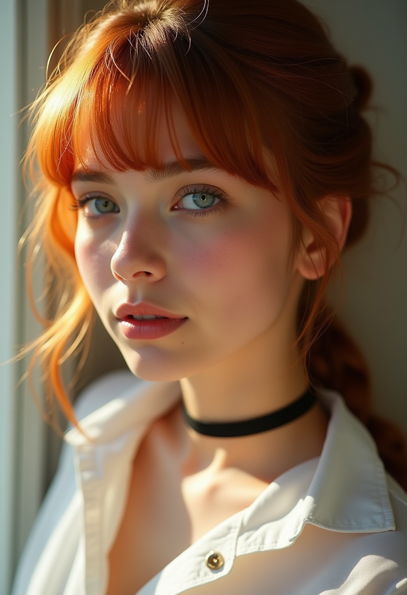 AI generated: FLUX prompt: Auburn-haired woman with bangs, warm light blue ey... (FLUX - Photography)