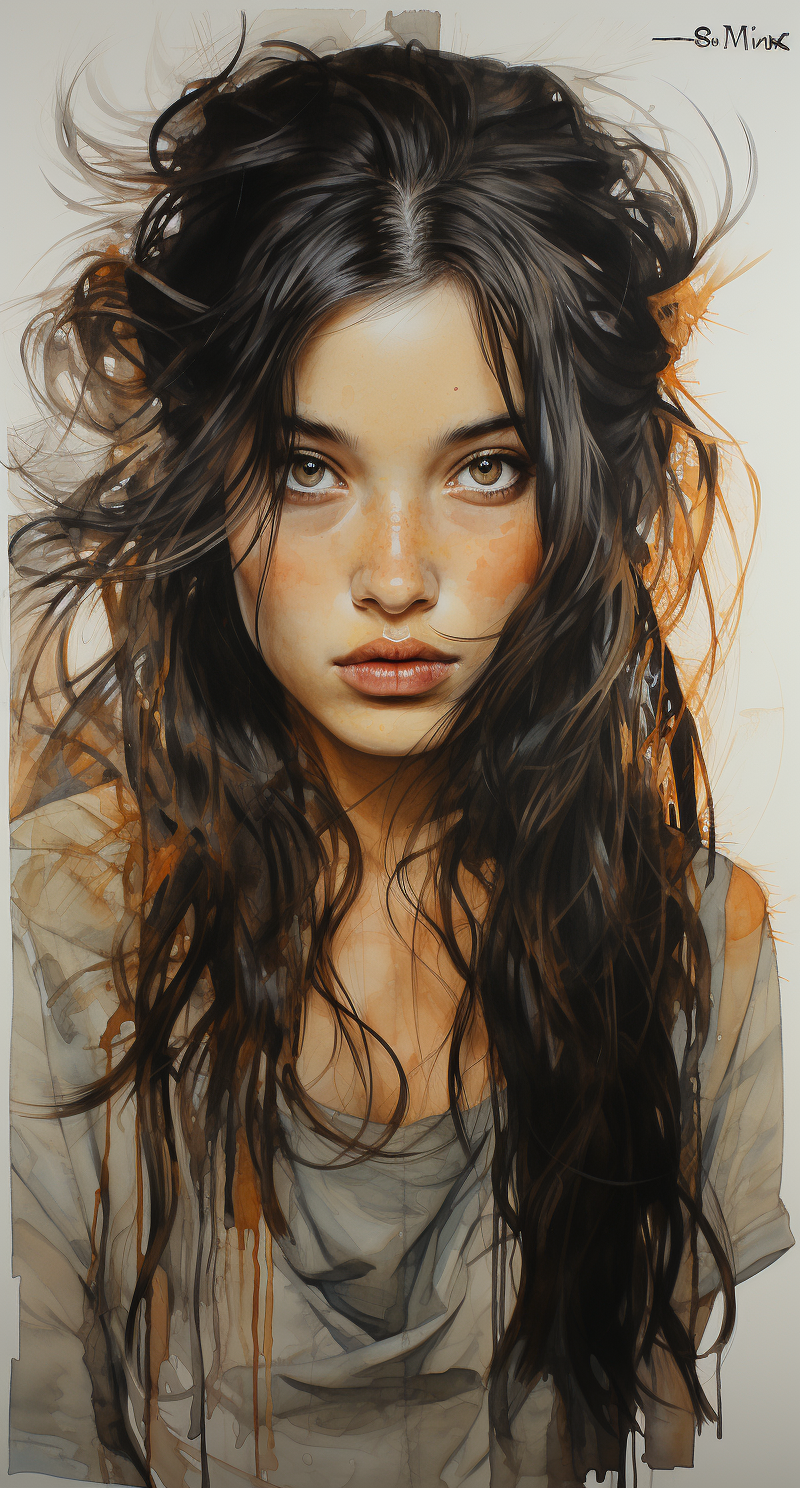 AI generated: Midjourney prompt: a brown pencil drawing of a girl with long hair, i... (Midjourney - Portraits)