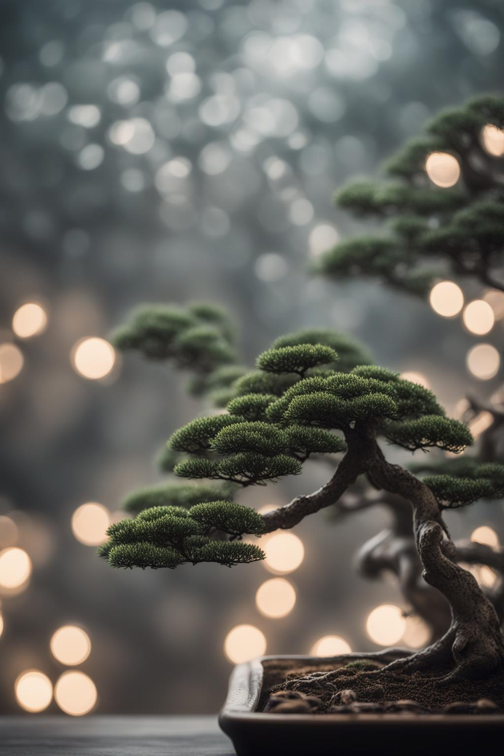 صورة مولدة بالذكاء الاصطناعي: Stable Diffusion prompt: Photograph of a Bonsai Tree, close up, moody light... (نموذج Stable Diffusion - تصوير فوتوغرافي)