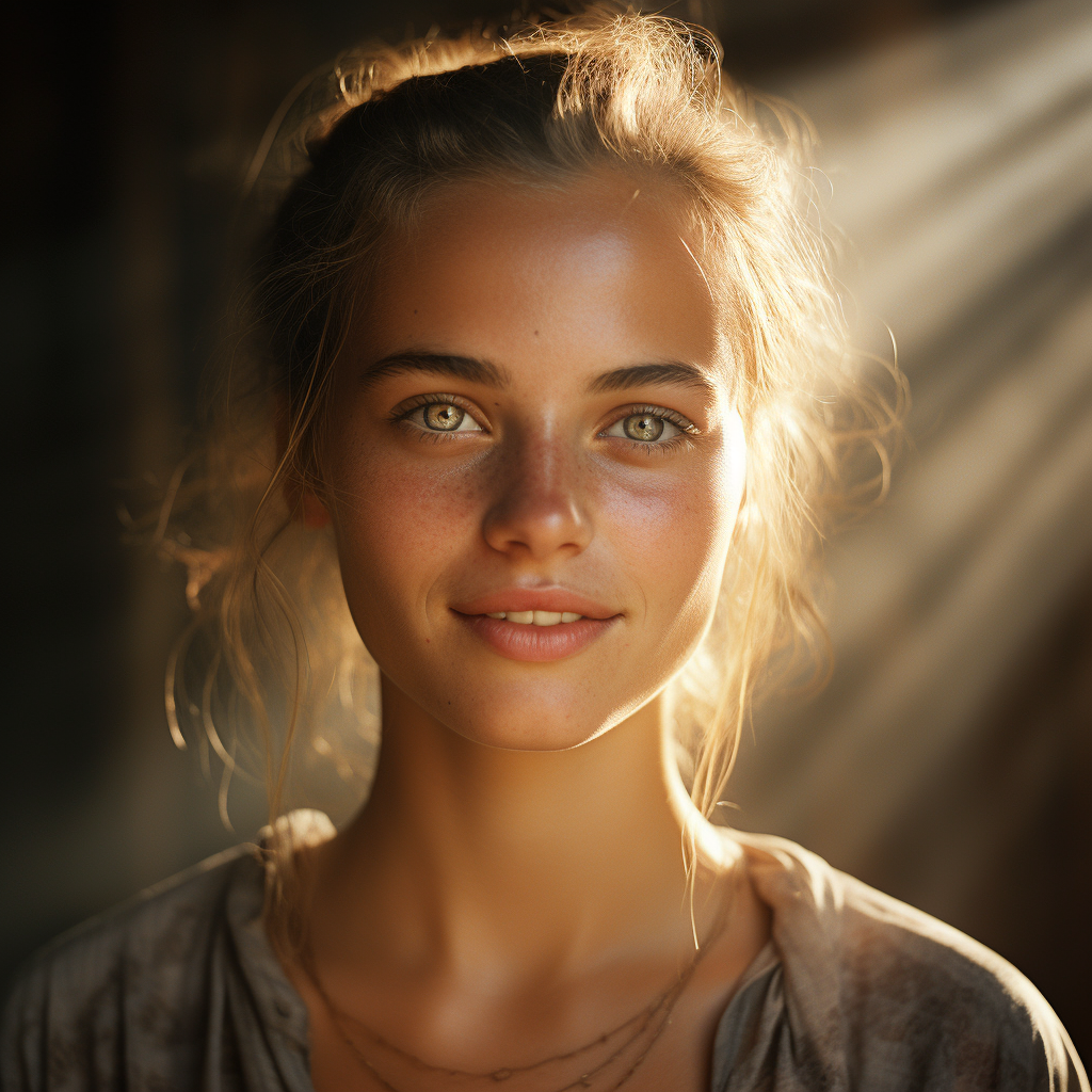 AI generated: Midjourney prompt: fog, reflection, sun rays, young happy Estonian wo... (Midjourney - Portraits)