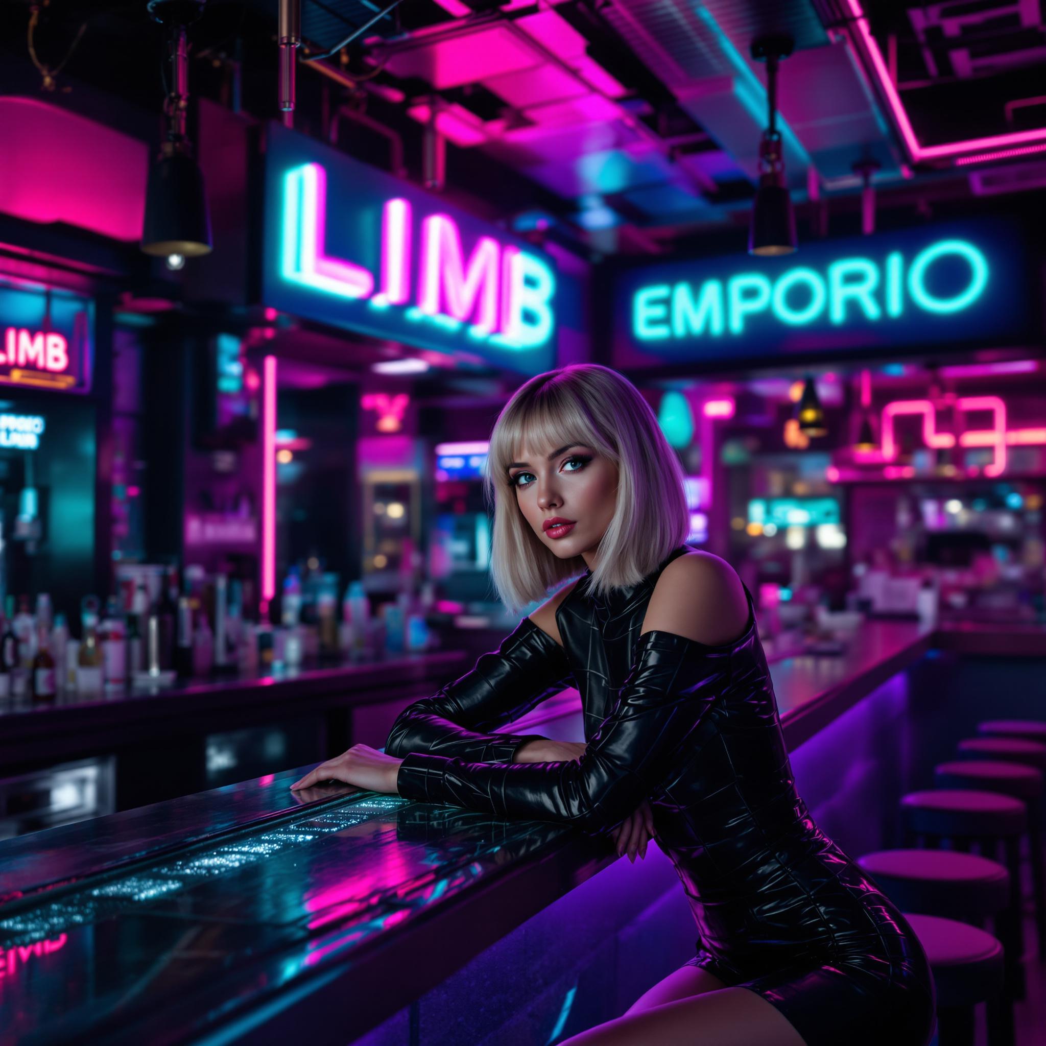 FLUX prompt: A woman is sitting at the counter of a futuristic ... - FLUX