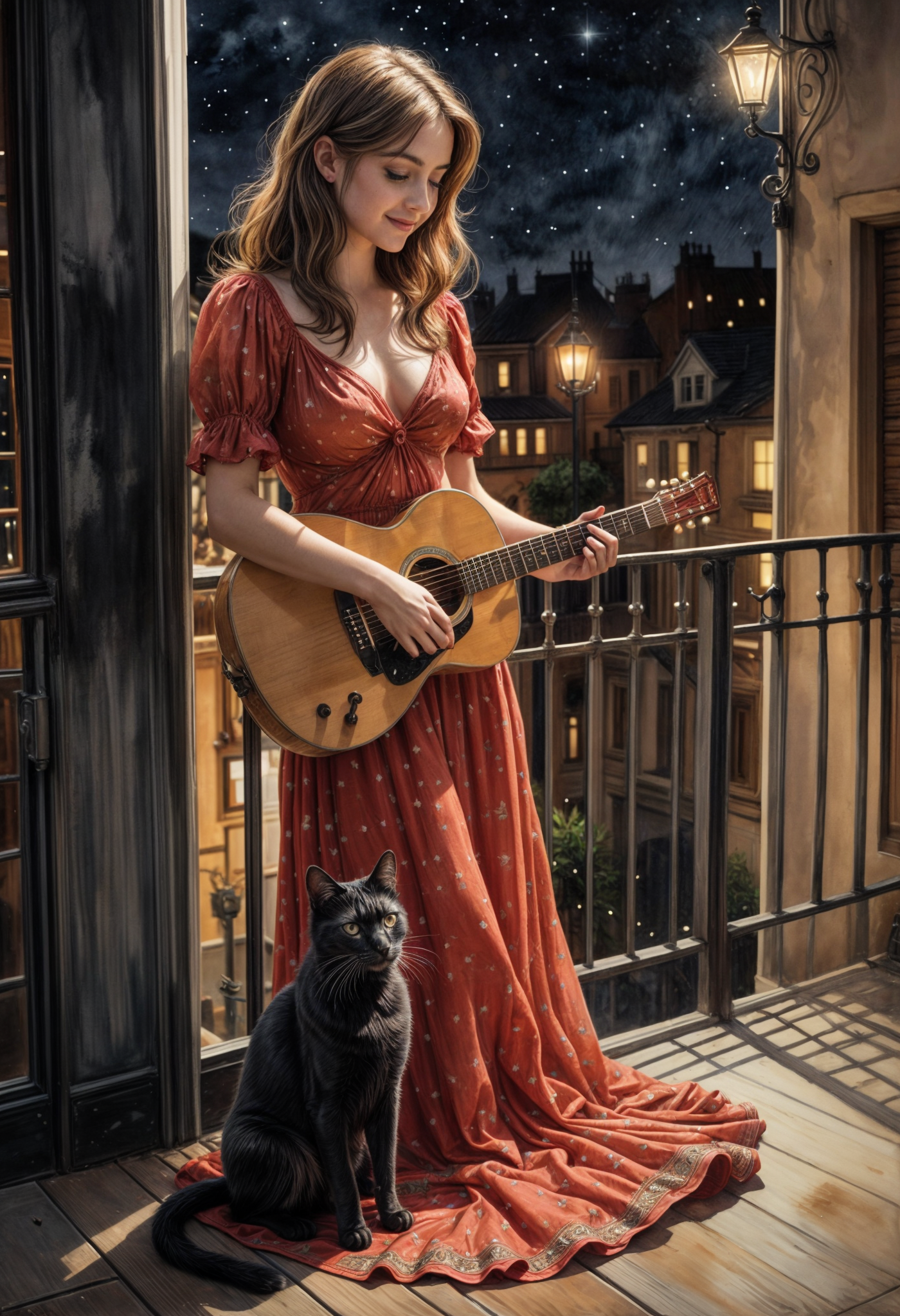 صورة مولدة بالذكاء الاصطناعي: Stable Diffusion prompt: Black cat on the balcony, Guitar playing in the n... (نموذج Stable Diffusion - صور شخصية)