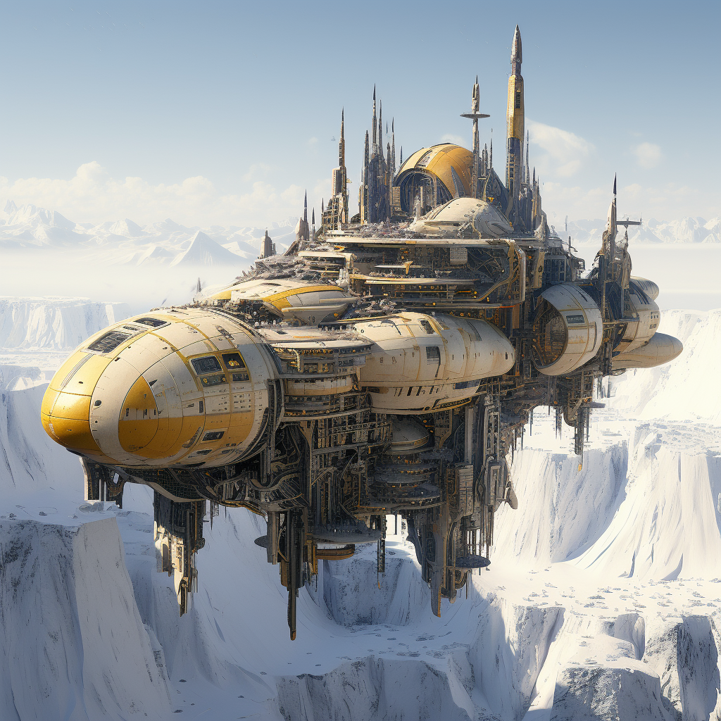 Midjourney prompt: futuristic spaceship floating in snow and ice, yel... - Midjourney