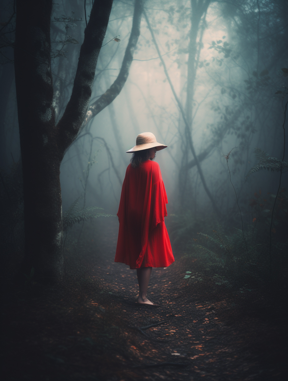 AI generated: Midjourney prompt: girl walking in the misty forest, Girl in cape wit... (Midjourney - Photography)