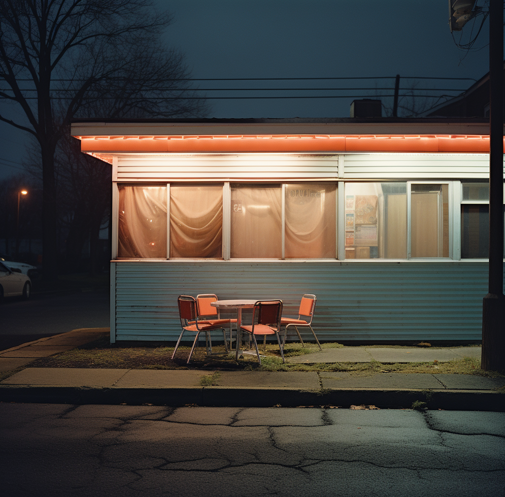 AI generated: Midjourney prompt: A small building with lights on inside at night in... (Midjourney - Architecture)