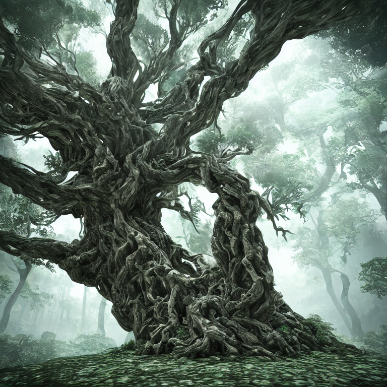 Stable Diffusion prompt: a majestic colossal ancient tree...