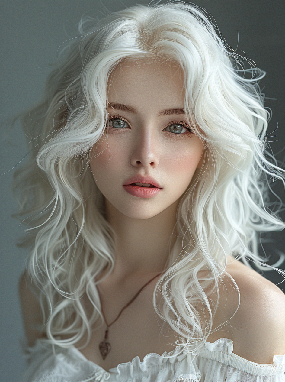 AI generated: Midjourney prompt: White hair, silver eyes, Asian girl with wavy shou... (Midjourney - Portraits)