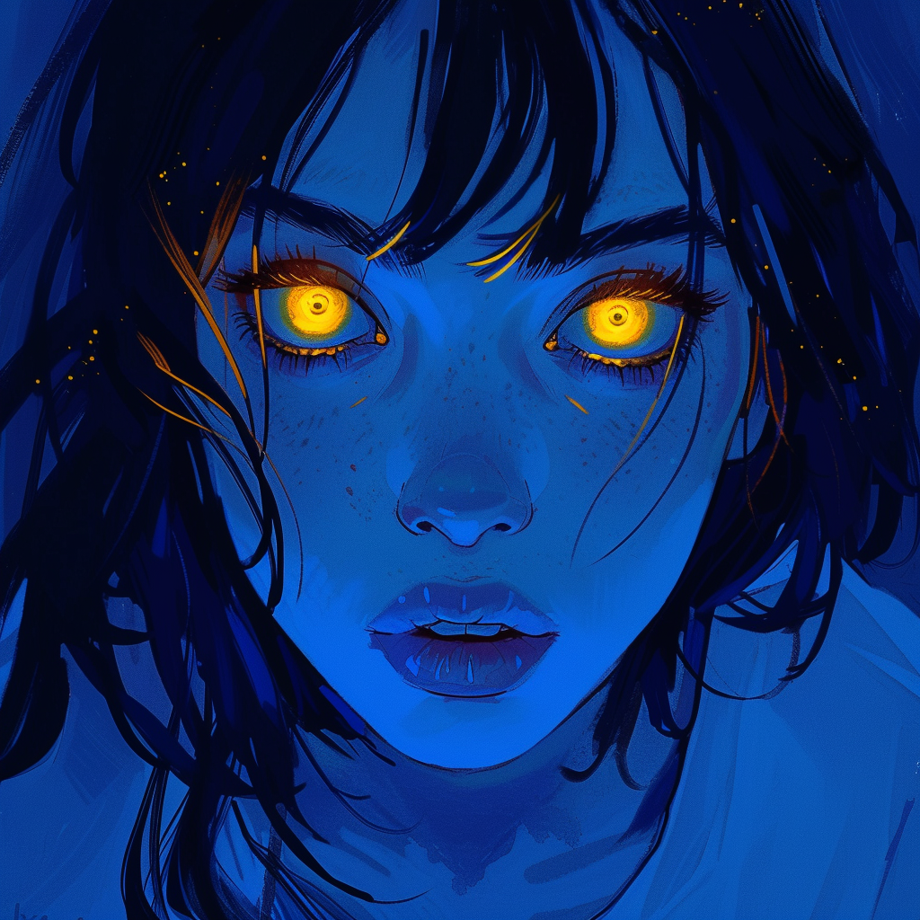 Midjourney prompt: a girl with yellow eyes in a blue shirt, in the st... - Midjourney