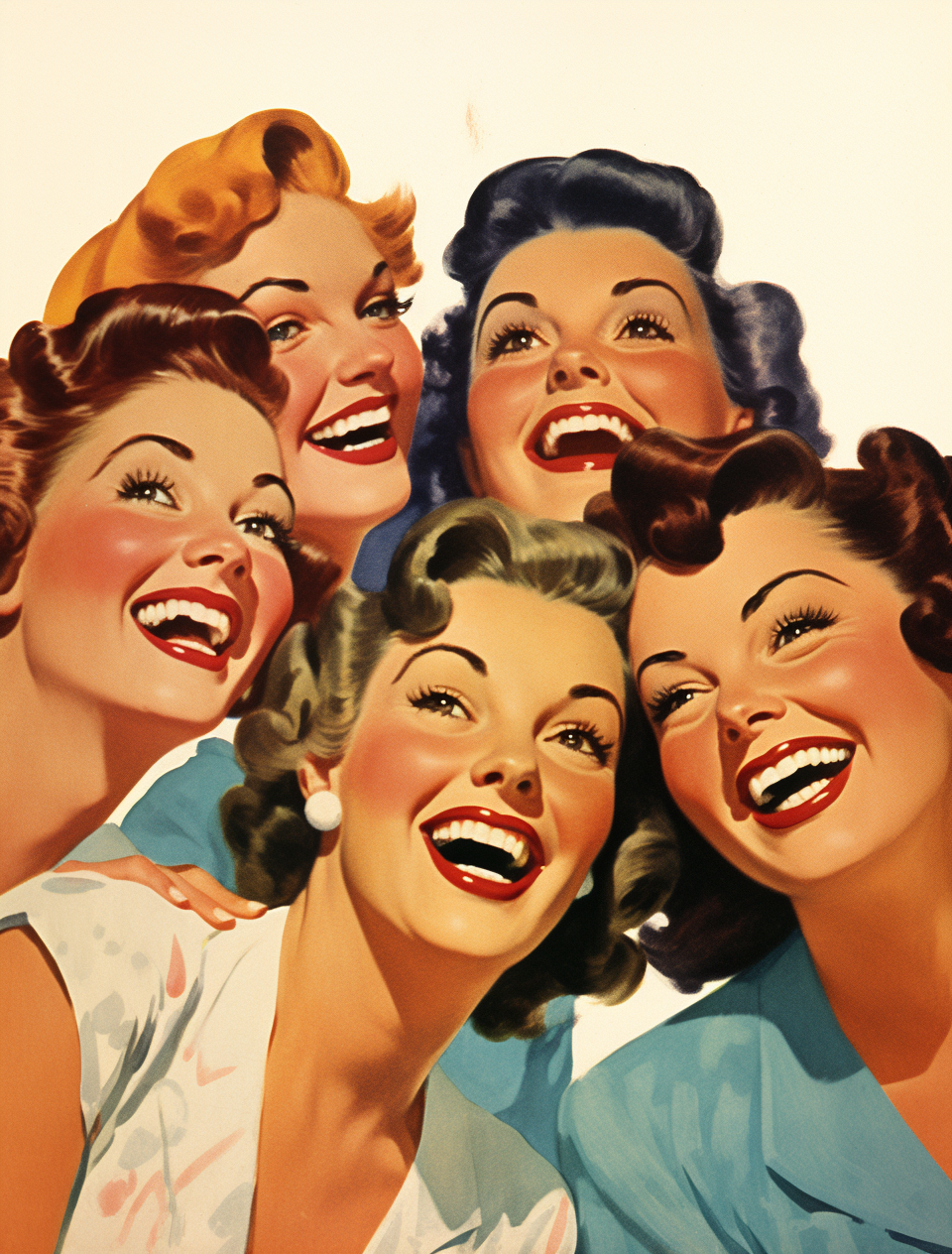 AI generated: Midjourney prompt: Vintage illustration of five happy women with thei... (Midjourney - Character Design)