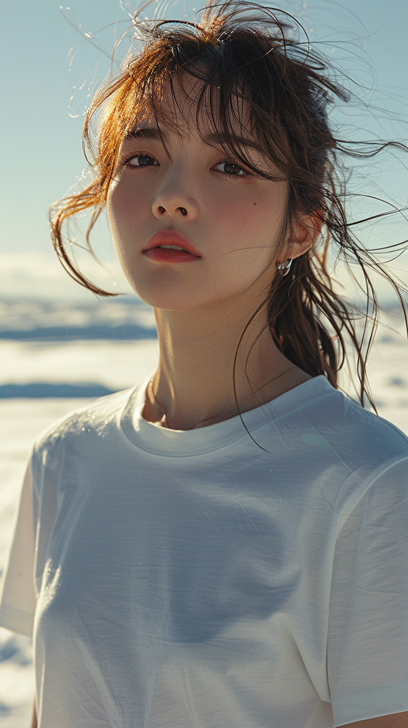 Midjourney prompt: Asian woman standing in the snow in a white t shir... - Midjourney