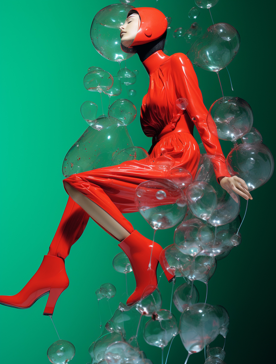 AI generated: Midjourney prompt: a woman in a red bodysuit and high heels, margiela... (Midjourney - Fashion)