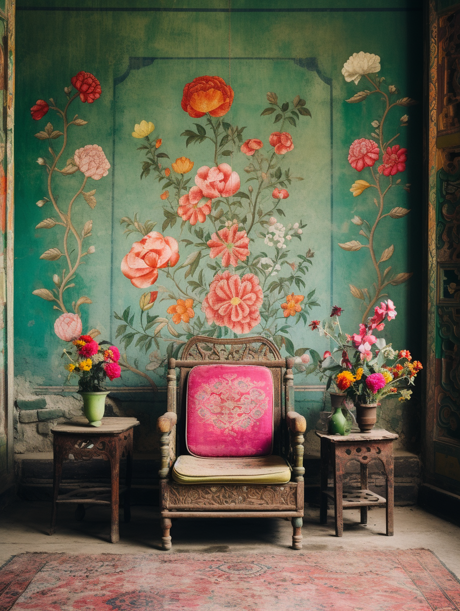 AI generated: Midjourney prompt: colorful murals and cushions are painted on the wa... (Midjourney - Interior Design)