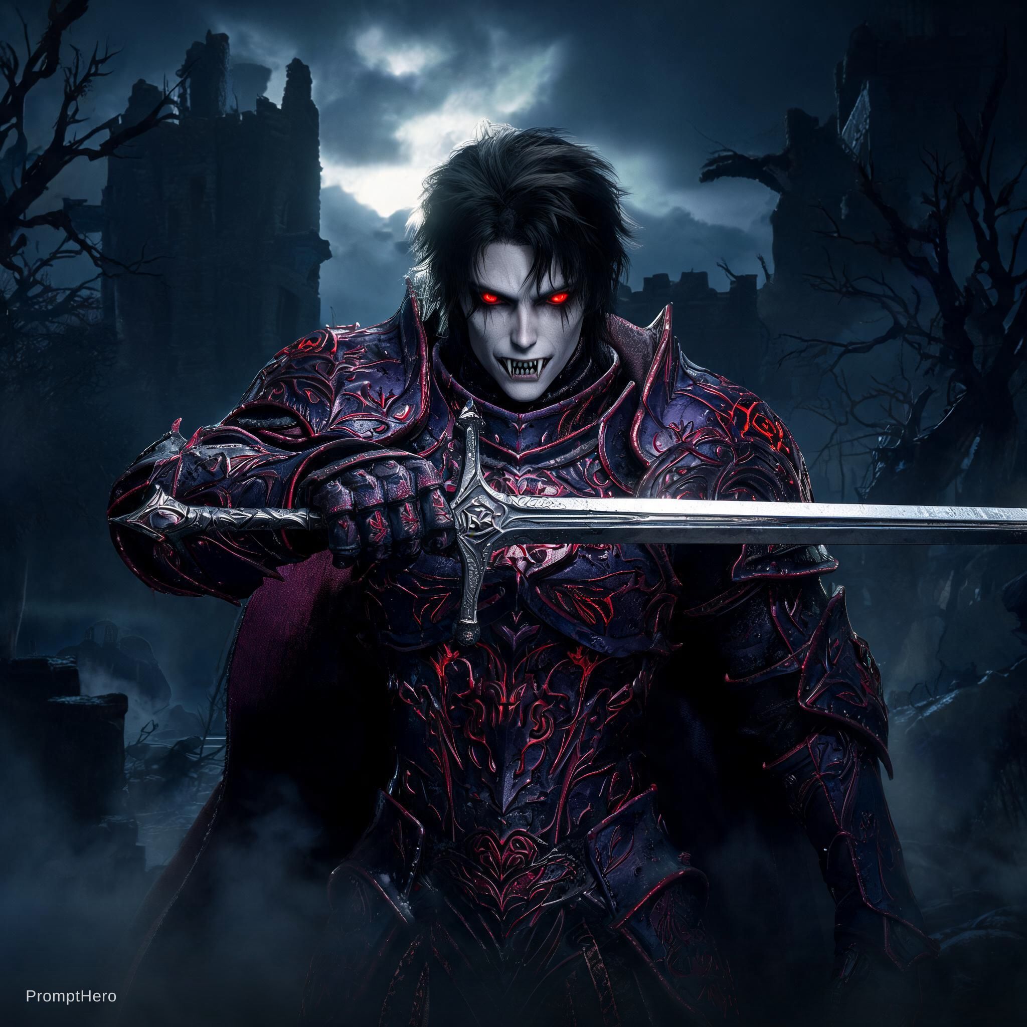 صورة مولدة بالذكاء الاصطناعي: Seedream 5 prompt: a digital art drawing of a vampire knight wielding... (نموذج Seedream 5 - فن مفاهيمي)