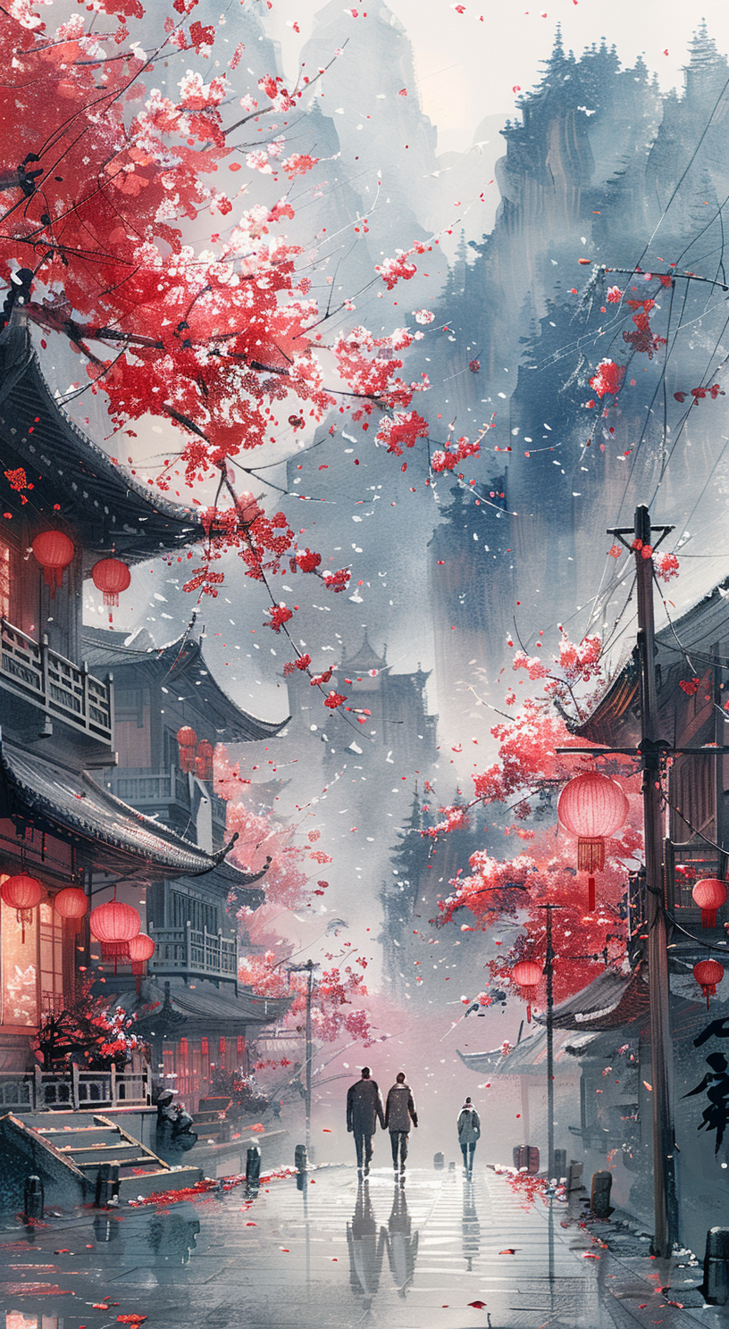 Midjourney prompt: two people walk the bridge under a large cherry bl... - Midjourney
