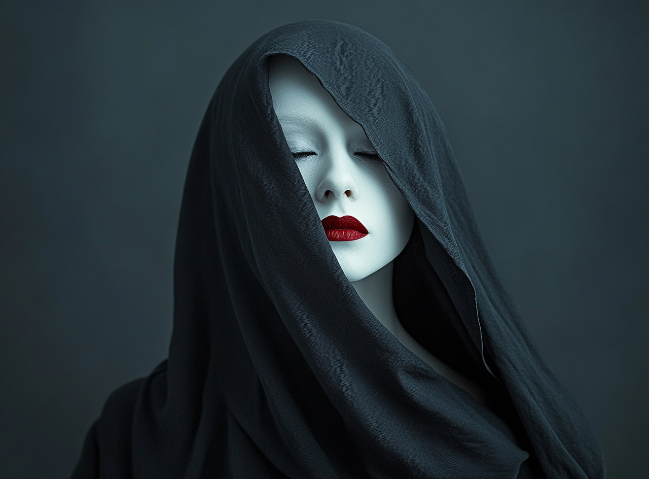 AI generated: Midjourney prompt: A mysterious woman with white porcelain-like makeu... (Midjourney - Photography)