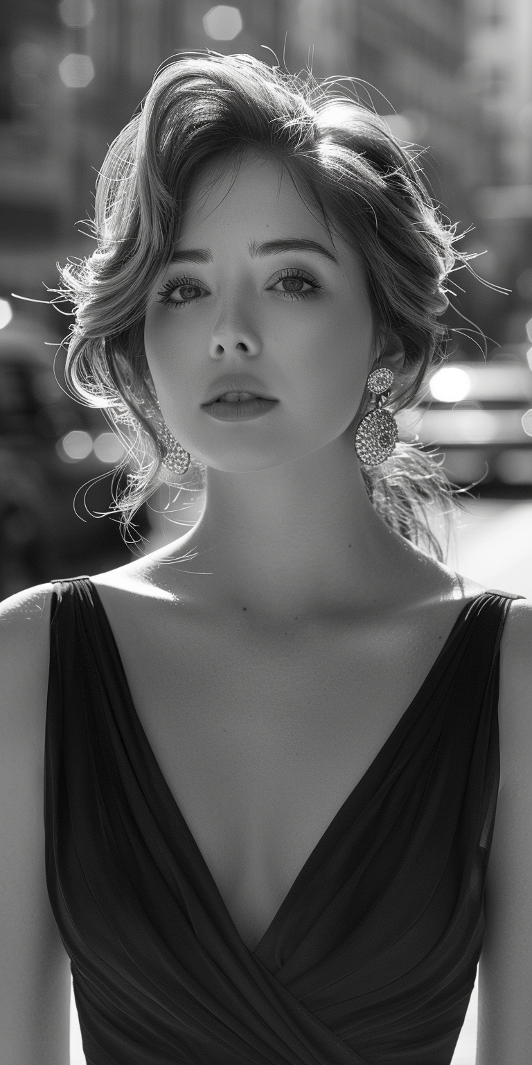 Midjourney prompt: A black and white photo of an elegant woman in the... - Midjourney