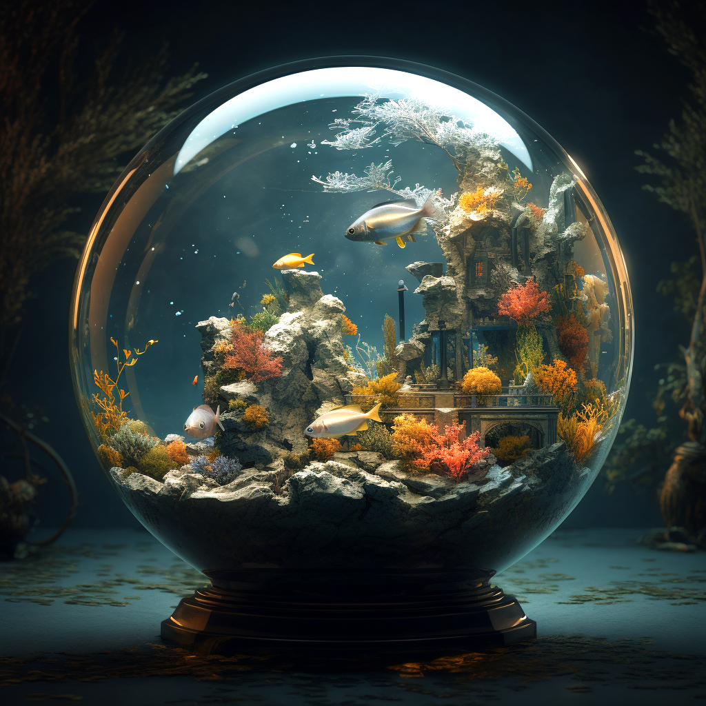 AI generated: Midjourney prompt: planet earth in a fish tank, rembrandt, cgsociety,... (Midjourney - Concept Art)