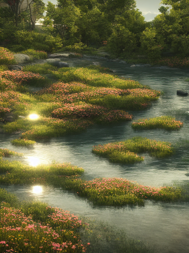 Stable Diffusion prompt: peaceful landscape, sunlight fal...