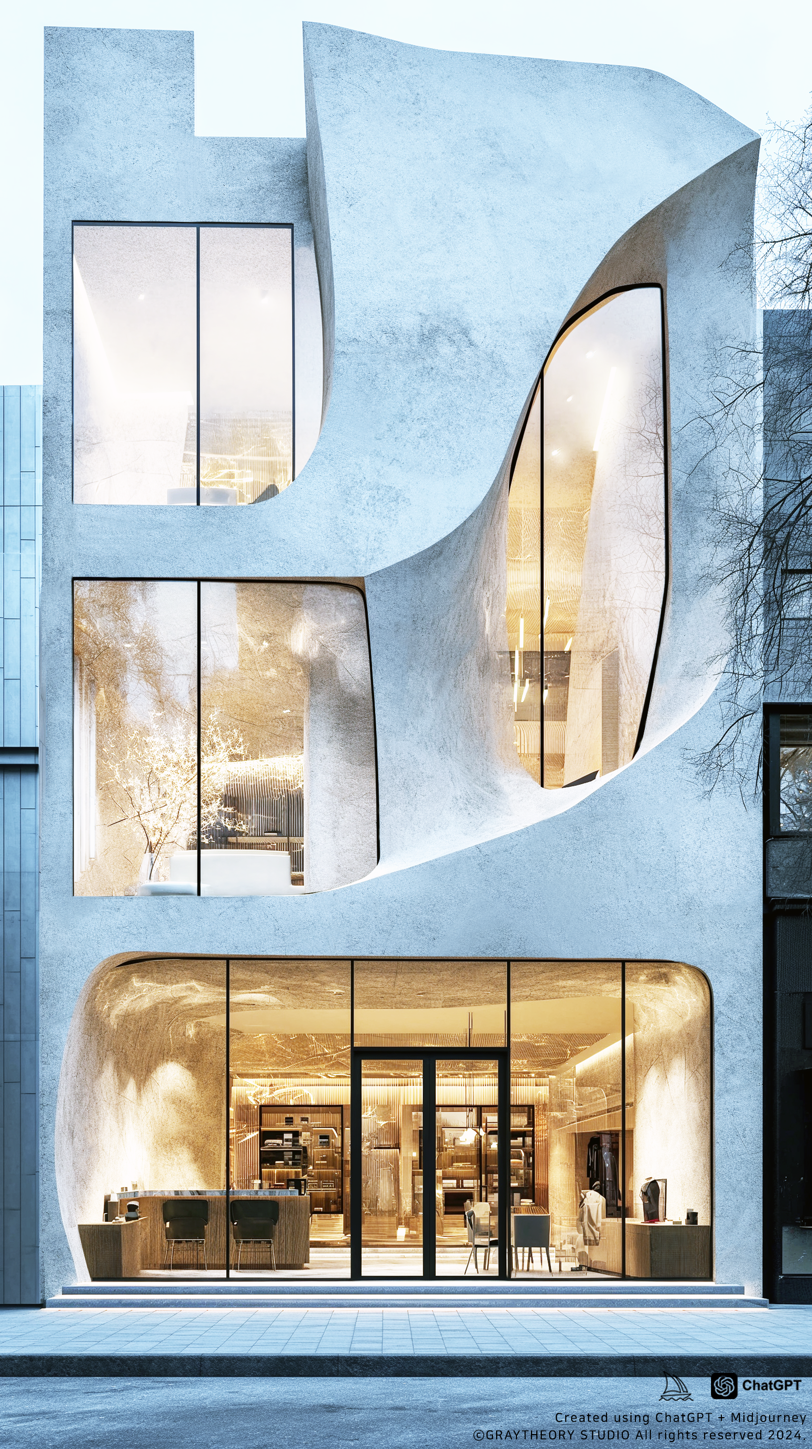 صورة مولدة بالذكاء الاصطناعي: Midjourney prompt: Modern retail facade, geometric design, Leica SL2,... (نموذج Midjourney - تصميم داخلي)