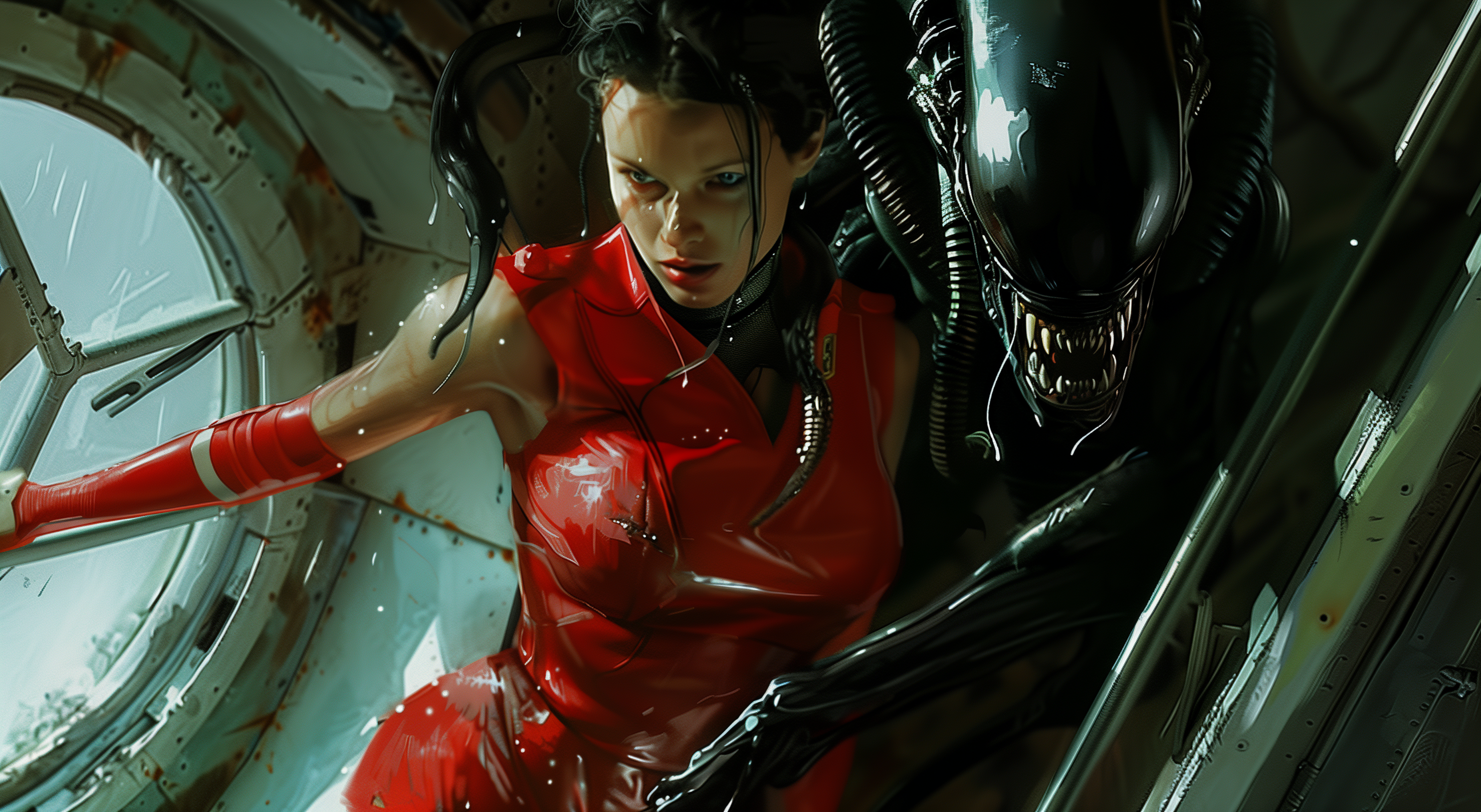 Midjourney prompt: A female alien in a red bodysuit is stepping out o... - Midjourney