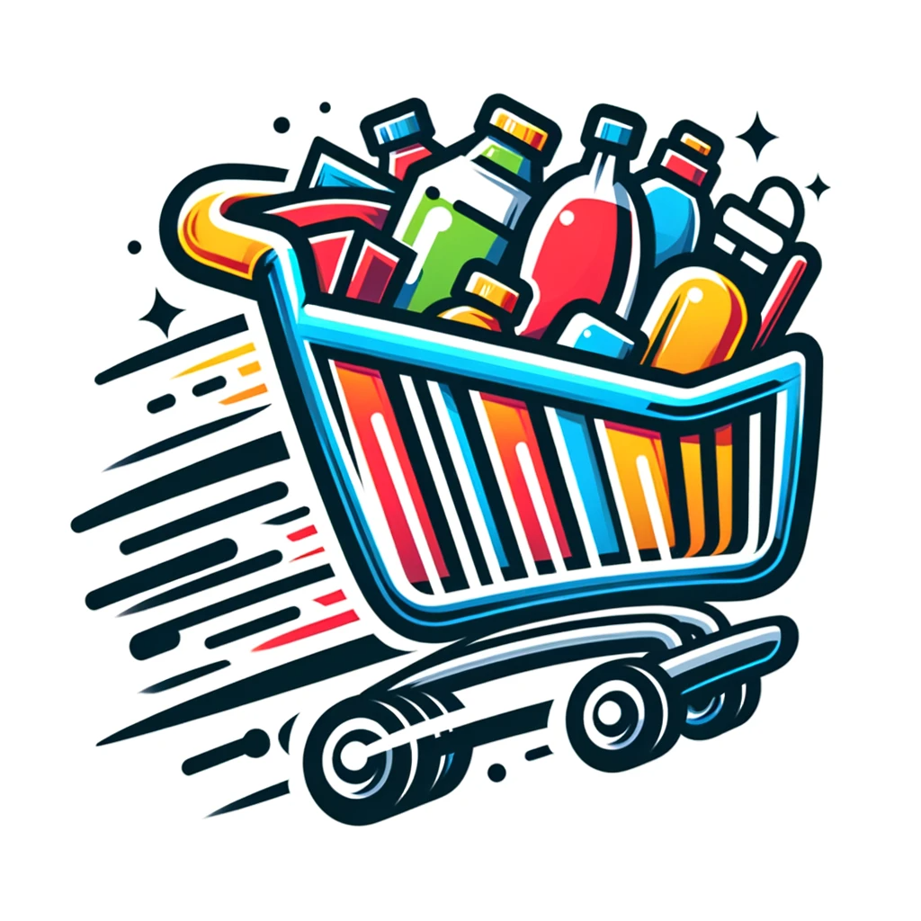 صورة مولدة بالذكاء الاصطناعي: DALL·E prompt: A logo featuring a cartoon-style shopping cart fil... (نموذج DALL·E - Logo Icon Design)