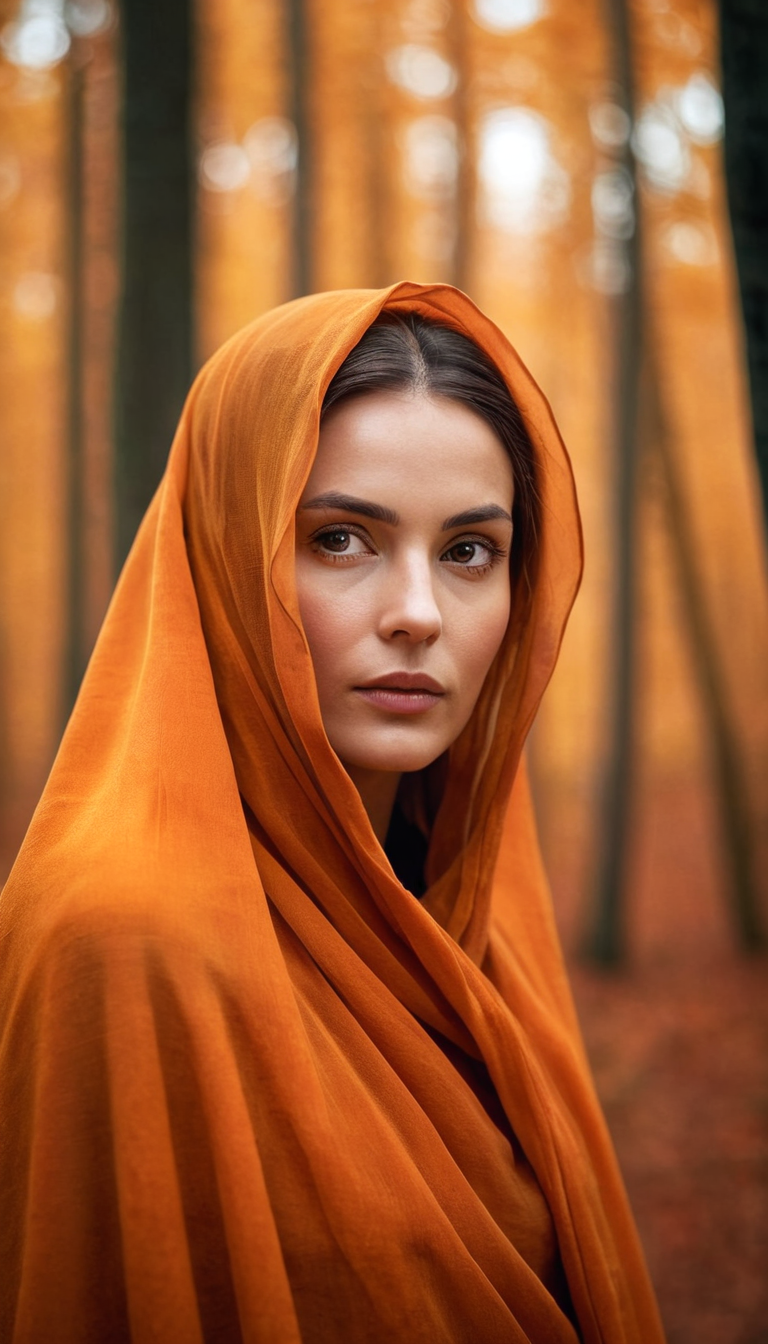 AI generated: Stable Diffusion prompt: A close up of mysterious woman in orange veil cloa... (Stable Diffusion - Photography)