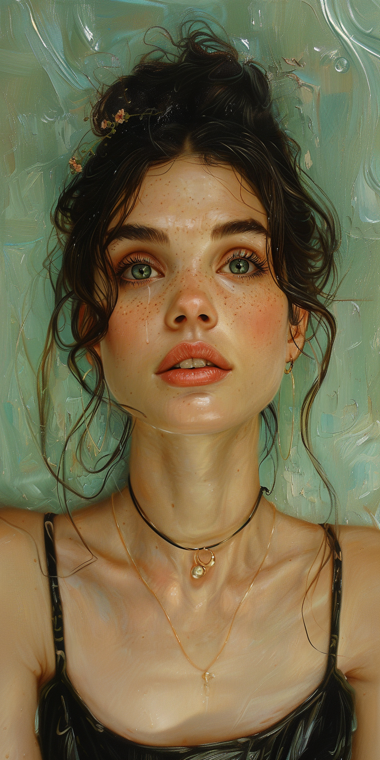 صورة مولدة بالذكاء الاصطناعي: Midjourney prompt: highly detailed painting, woman, 20-25 years old, ... (نموذج Midjourney - صور شخصية)