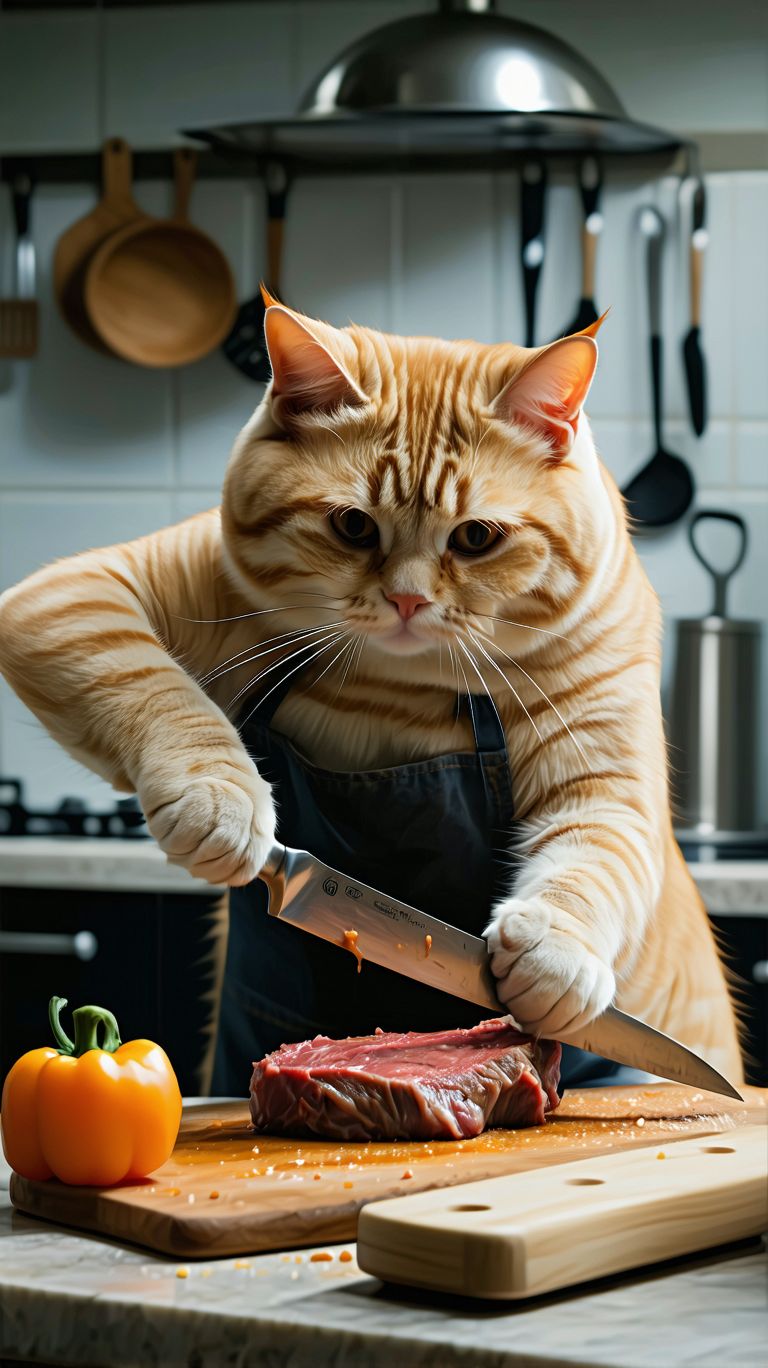 صورة مولدة بالذكاء الاصطناعي: Stable Diffusion prompt: orange lazy cute fat cat is cutting a steak in the (نموذج Stable Diffusion - تصميم داخلي)