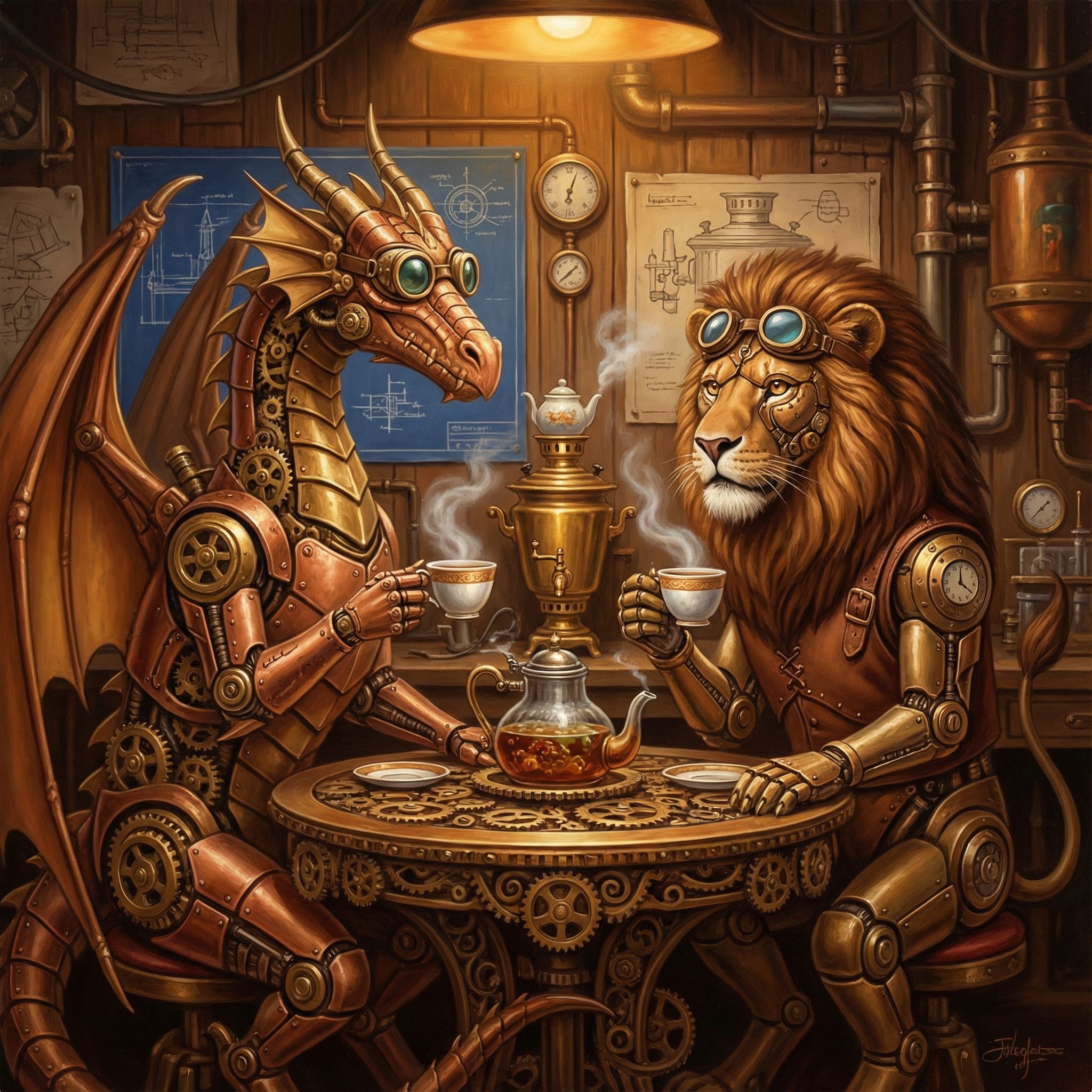 Nano Banana prompt: Steampunk dragon and steampunk lion d...