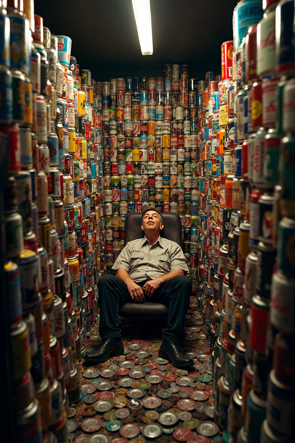 AI generated: FLUX prompt: Surrounded by towering stacks of beer cans, an ecc... (FLUX - Concept Art)