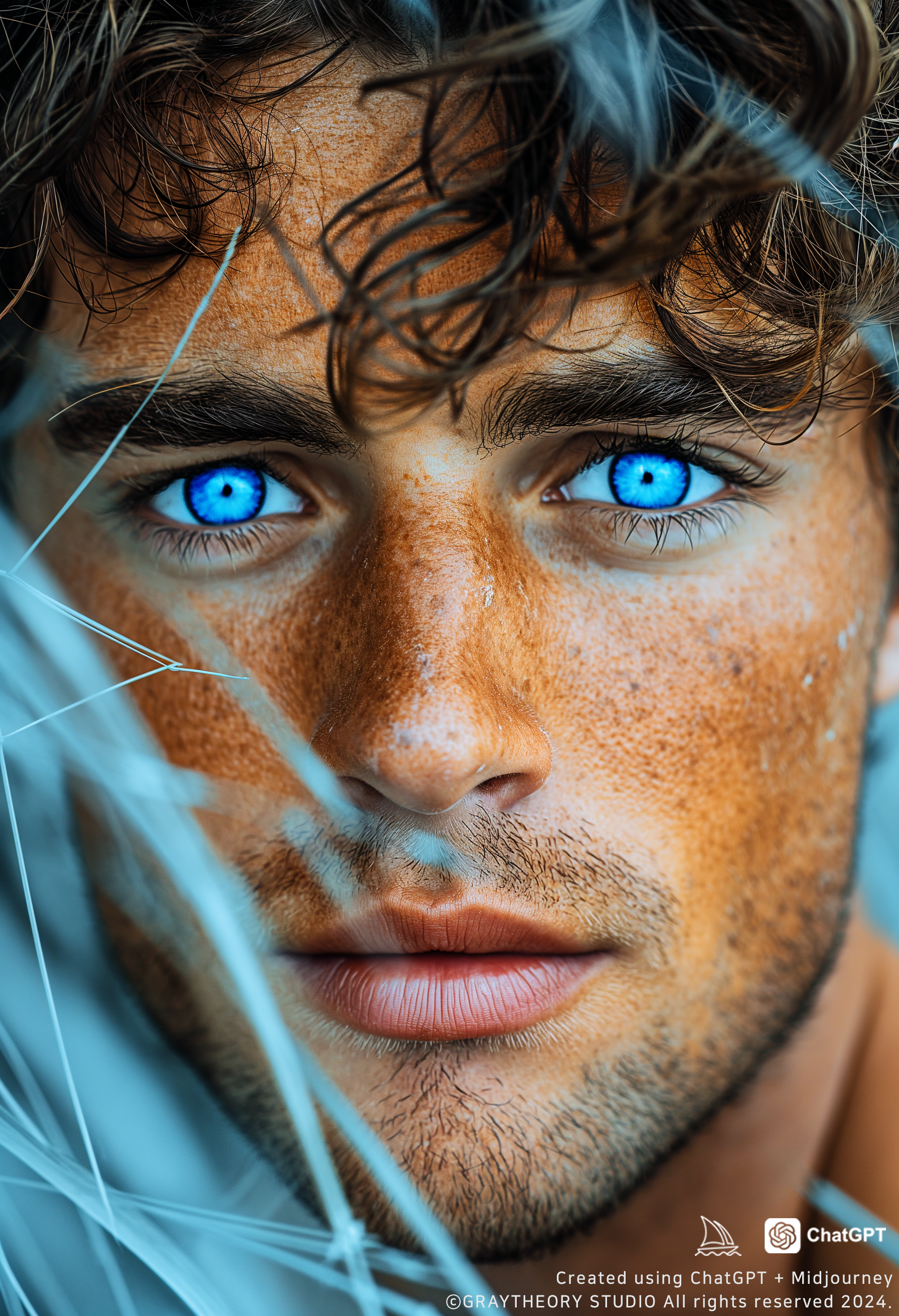AI generated: Midjourney prompt: cover photo featuring a man model, brown color hai... (Midjourney - Portraits)