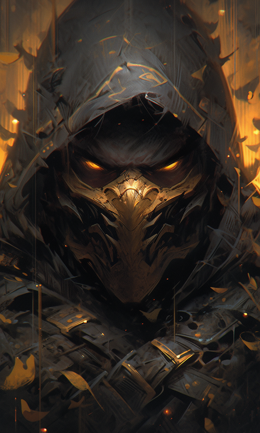 AI generated: Midjourney prompt: Mortal Kombat Scorpion, white eyes, classic mask, ... (Midjourney - Anime)