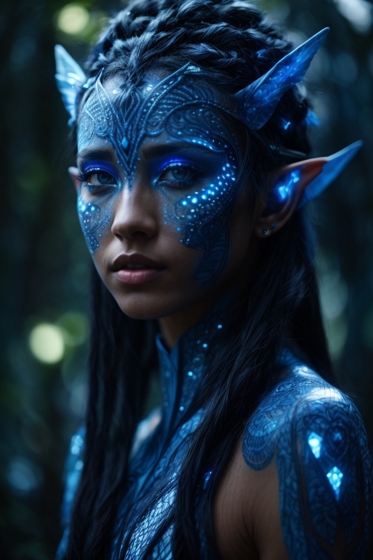 DreamShaper prompt: blue humanoid avatar with bioluminesc...